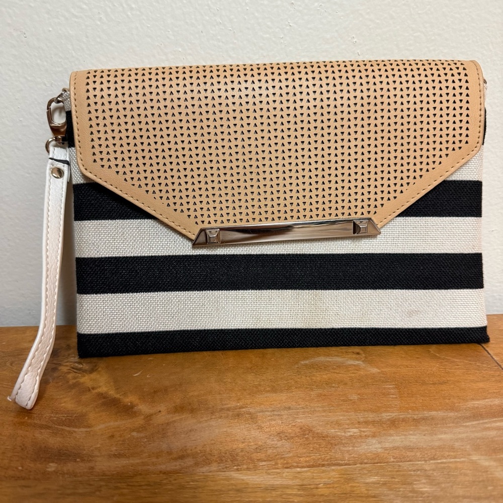 Black, Tan & White Striped Wristlet Clutch